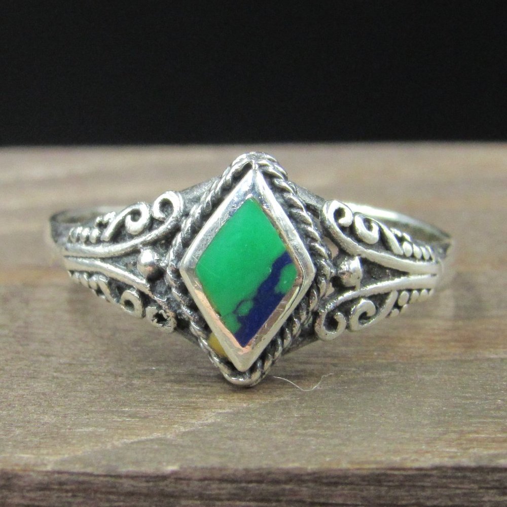 Size 9 Sterling Silver Green Blue Inlay Fancy Band Ring